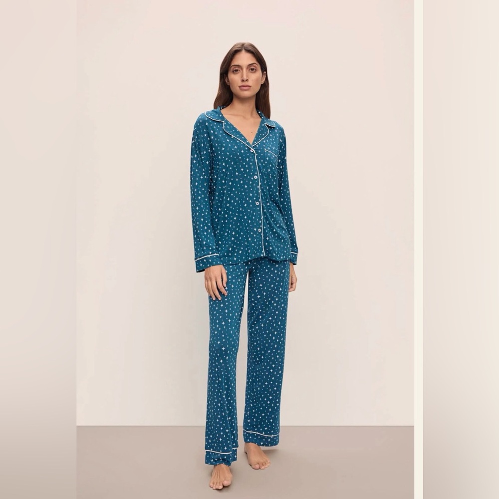 EBERJEY Gisele Printed Modal Long PJ Set Festive Lights Sapphire/Ivory